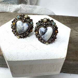 Vintage Heart Clip-On Earrings With Marbled Center & Rhinestone Accents Silverto